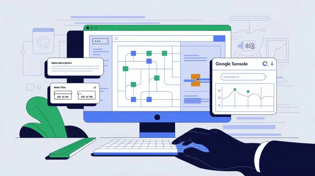 Ordinateur avec écran montrant des infographies sur le SEO local, incluant des statistiques de mots clés, backlinks et Google My Business.